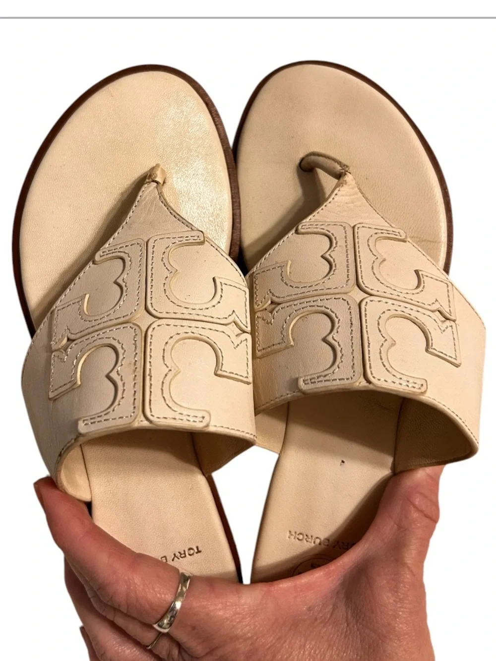 Tory Burch Jamie Dulce De Leche Leather Logo Thong Slide Sandals Women 7M